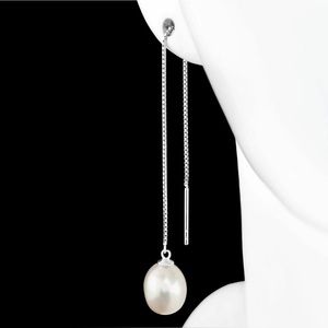 Natural 10X8mm Freshwater Pearl Threader Lock Sterling Sliver 925 Earrings